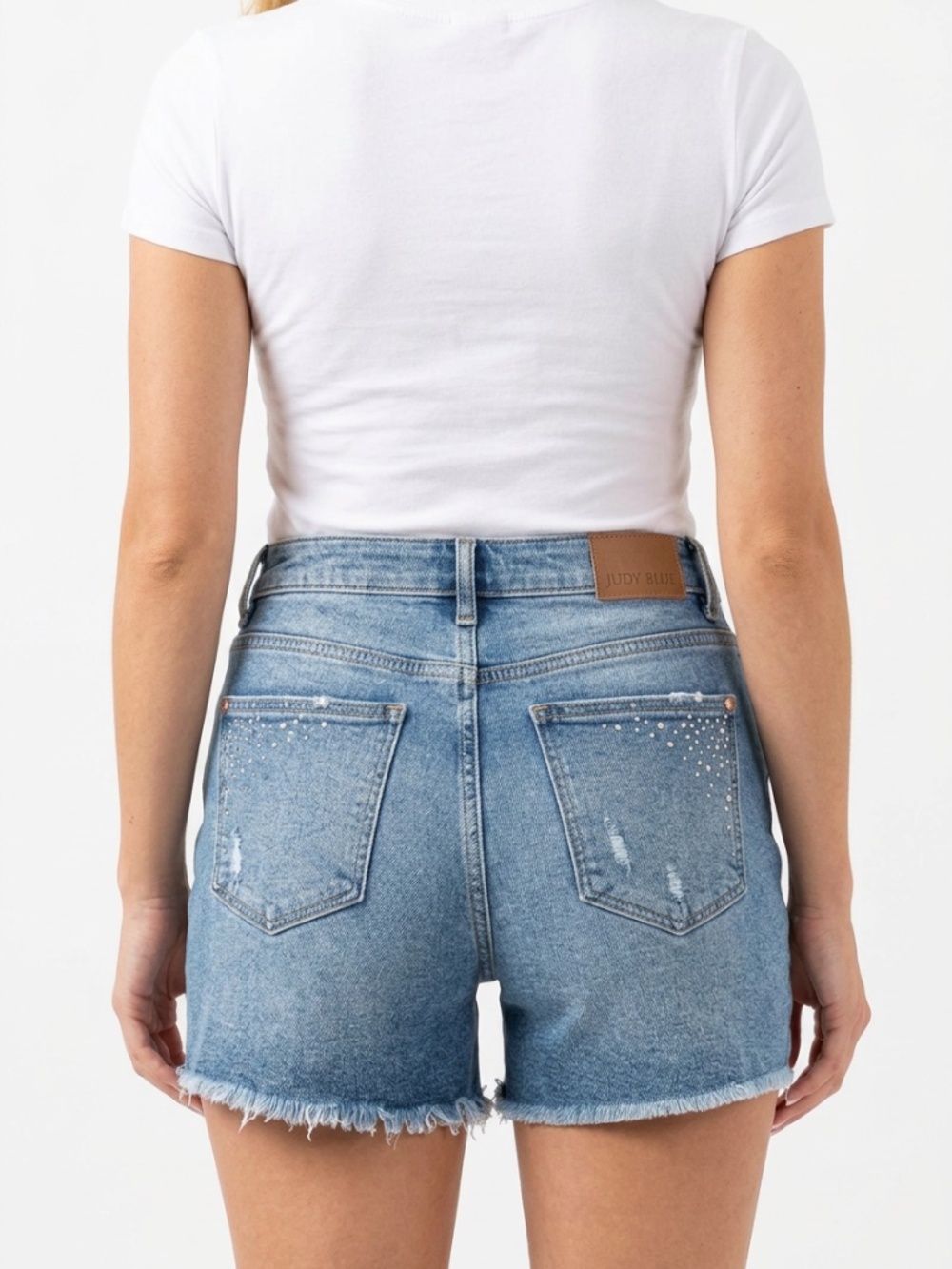 Judy Blue • Rhinestone High Rise Denim Shorts L Light Wash Frayed Hem Stretch - Picture 2 of 9